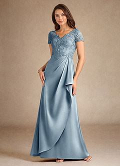 Azazie Santa Ana Mother of the Bride Dresses Dusty Blue A-Line Lace Stretch Satin Dress image4