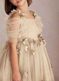 Azazie Shaylee Flower Girl Dresses Champagne A-Line Off the Shoulder Tulle Dress image2