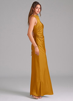 Azazie Evadne Bridesmaid Dresses Butterscotch Sheath Pleated Stretch Satin Dress image4