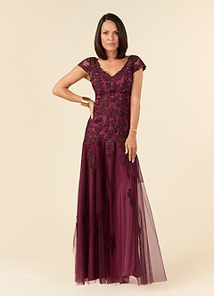 Azazie Romy Abiti per la Madre della Sposa Abito Sirena in Tulle con Scollo a V e Paillettes Cabernet Mulberry image2