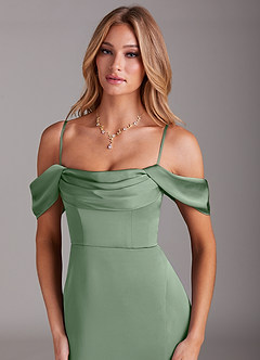 Azazie Saige Bridesmaid Dresses Matcha Mermaid Off the Shoulder Stretch Satin Dress image2