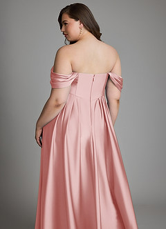 Azazie Loisa At-home Try On Dresses Dusty Blue A-Line Off the Shoulder Stretch Satin Dress image16