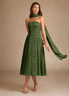 Azazie Lorain Mother of the Bride Dresses Olive A-Line Pleated Floral Burnout Dress image2