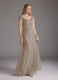 Azazie Marbella Mother of the Bride Dresses Taupe Mermaid Queen Anne Sequins Lace Dress image3