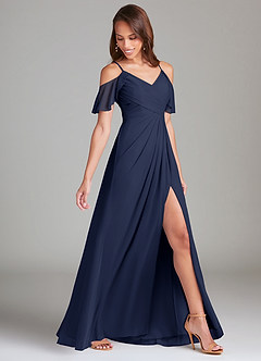 Azazie Dakota Bridesmaid Dresses Dark Navy A-Line Off the Shoulder Mesh Dress image3