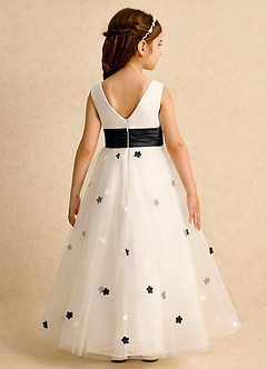 Azazie Cricket Flower Girl Dresses Ivory Black Ball-Gown Pleated Matte Satin Dress image2