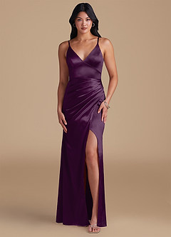 Azazie Shania Bridesmaid Dresses Plum Sheath Pleated Metallic Satin Dress image1