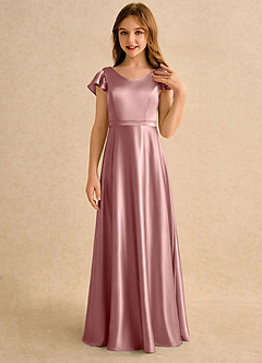 Azazie Nari Girls Formal Robe Demoiselle D'honneur Fillette Robe Trapèze en Satin extensible avec manches Rose Poussiéreuse image5