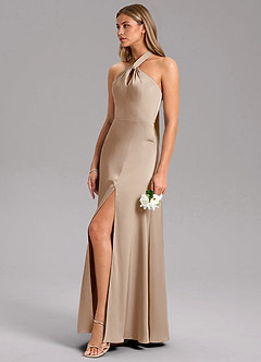 Azazie Tracie Bridesmaid Dresses Taupe A-Line Side Slit Stretch Satin Dress image6
