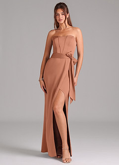Azazie Jamie Robes de demoiselle d'honneur Robe Trapèze Convertible en Satin extensible Sans bretelle Bronze image1