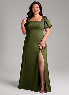 Azazie Fyona Bridesmaid Dresses Olive A-Line Pleated Stretch Satin Dress image8