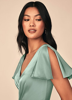 Azazie Soren Bridesmaid Dresses Agave A-Line Pleated Stretch Satin Dress image6
