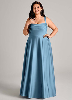 Azazie Shaude Bridesmaid Dresses Steel Blue A-Line Pleated Stretch Satin Dress image1