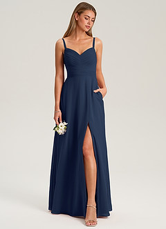 Azazie Terese Robes de demoiselle d'honneur Robe Trapèze en Mousseline de soie Plissée Bleu Marine Foncé image3