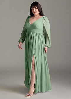 Azazie Norah Robes de demoiselle d'honneur Robe Trapèze en Mousseline de soie Col en V, manches longues Matcha image11