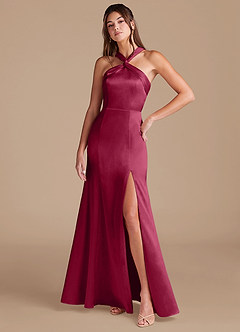 Azazie Rue Bridesmaid Dresses Burgundy Sheath Pleated Metallic Satin Dress image3