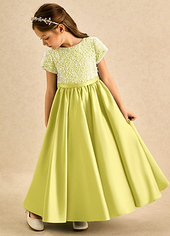Azazie Cashew Flower Girl Dresses Canary Ball-Gown with Sleeves Matte Satin Dress image5