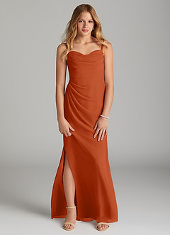 Azazie Mai Junior Vestido de Naranja Quemada de Gasa de Recto con Plisado image1