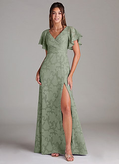 Azazie Ambrosia Bridesmaid Dresses Agave A-Line Pleated Floral Burnout Dress image1