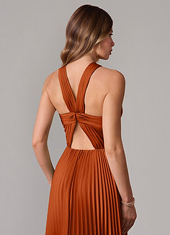 Azazie Afra Vestidos de damas de honor Vestido de Naranja Quemada de Satén Elástico de Corte en A con Plisado image6
