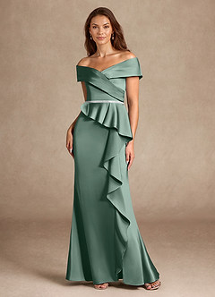 Azazie Dareia Moeder van de bruid jurken Zeemeermin Jurk van Stretch Satijn Off the Shoulder Eucalyptus image6