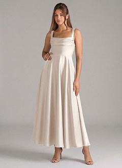 Azazie Shaude Bridesmaid Dresses White Alabaster A-Line Pleated Stretch Satin Dress image1