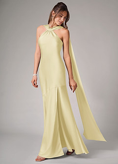 Azazie Kinsley Vestidos de damas de honor Vestido de Sorbete De Limón de Satén Elástico de Corte Sirena con Corte Lateral image4