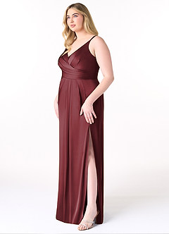 Azazie Aqua Brudtärnklänningar Klänning av A-Line i Stretch Satin V-ringad plisserad Merlot image10