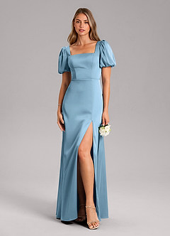 Azazie Fyona Bridesmaid Dresses Steel Blue A-Line Pleated Stretch Satin Dress image3