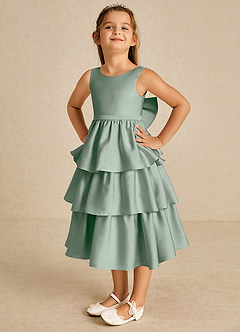 Azazie Margery Flower Girl Dresses Agave A-Line Bow Stretch Satin Dress image3