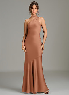 Azazie Jalissa Jurken voor bruidsmeisjes Jurk van Stretch Satijn met Zeemeermin One-shoulder Bronzeertint image1