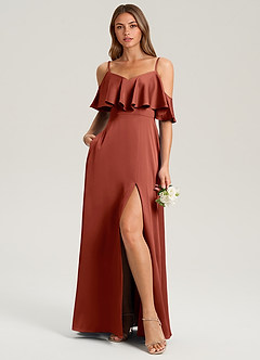 Azazie Jean Bridesmaid Dresses Terracotta A-Line Off the Shoulder Stretch Satin Dress image3