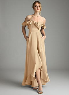 Azazie Lyra Bridesmaid Dresses Champagne A-Line Off the Shoulder Stretch Satin Convertible Dress image6