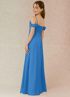 Azazie Kaitlynn Junior Robe Trapèze en Mousseline de soie Épaule décolletée Geai Bleu image5