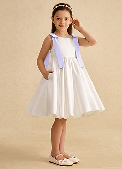 Azazie Stacie Flower Girl Dresses Ivory Lilac A-Line Bow Matte Satin Dress image2