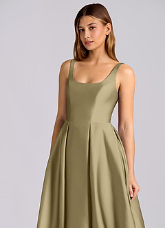 Azazie Amalie 신부 들러리 드레스 A라인 주름진 스트레치 새틴 티 길이 드레스 image6