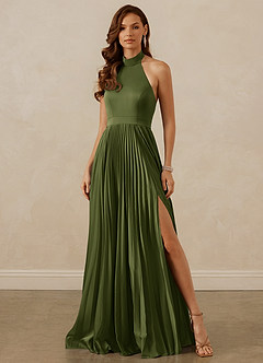 Christian Siriano Bridal for Azazie 1007 Bridesmaid Dresses Olive A-Line Pleated Stretch Satin Dress image1