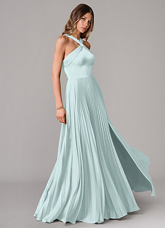 Azazie Afra Abiti da Damigella Abito A-Line in Raso Elasticizzato Plissettato Sea Glass image3