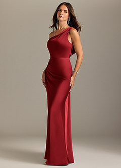 Azazie Madelyn Robes de demoiselle d'honneur Robe Sirène Convertible en Satin extensible Une épaule Écarlate image3