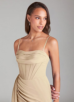 Azazie Amyra Bridesmaid Dresses Champagne Sheath Off the Shoulder Chiffon Convertible Dress image2