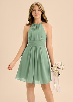 Azazie Bonnie Junior Matcha A-Line Pleated Chiffon Dress image3