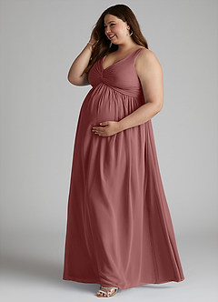Azazie Yetta Maternity Bridesmaid Dresses A-Line V-Neck Gathered Chiffon Floor-Length Dress image10