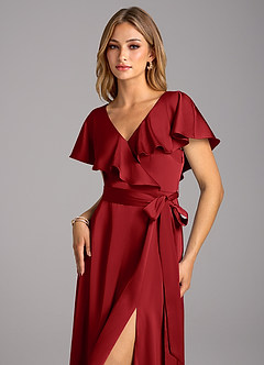 Azazie Lainey Bridesmaid Dresses Pomegranate A-Line with Pockets Stretch Satin Dress image6