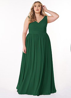 Azazie Keyla Robes de demoiselle d'honneur Robe Trapèze en Mousseline de soie Col V plissé Vert Foncé image6