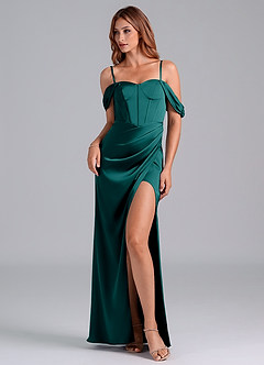 Azazie Asha Bridesmaid Dresses Peacock Sheath Off the Shoulder Stretch Satin Convertible Dress image6