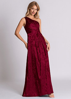 Azazie Brooke 신부 들러리 드레스 A라인 한쪽 어깨 자카드 바닥 길이 드레스 image4