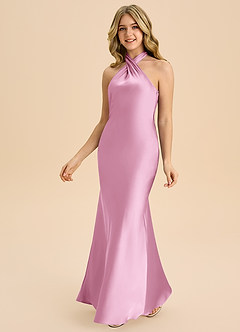 Azazie Chickie Junior Candy Pink Sheath Pleated Stretch Satin Dress image5