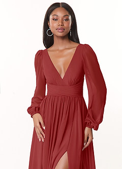 Azazie Norah Bridesmaid Dresses Rust A-Line V-Neck Long Sleeve Chiffon Dress image5
