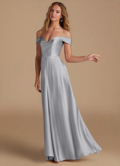 Azazie Jackalin Brautjungfernkleider Wandelbar A-Linie Schulterfrei Metallischer Satin Kleid Silber image3
