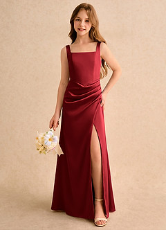Azazie Noah Girls Formal Robe Demoiselle D'honneur Fillette Robe Fourreau en Satin extensible Plissé Écarlate image3